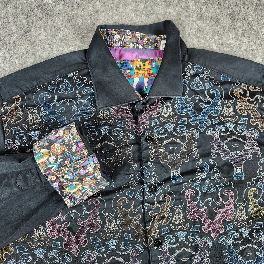 Robert Graham Shirt Men 2XL Black Embroidered Damask Flip Cuff Designer LS